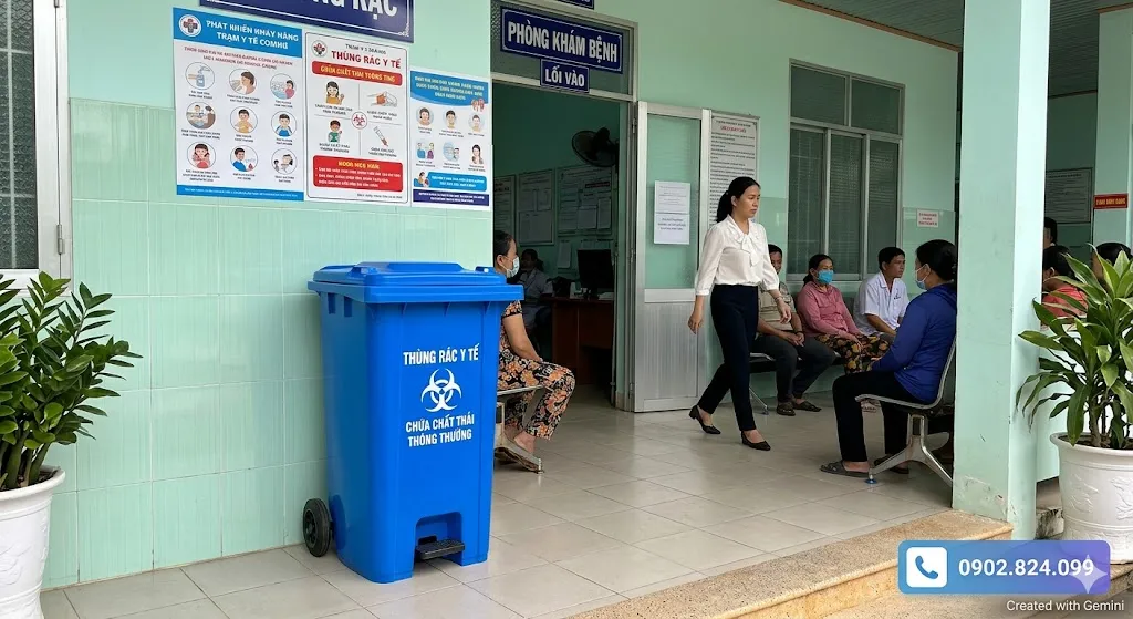 Mẫu thùng rác 120 lít giá rẻ bằng nhựa HDPE đặt tại bệnh viện (Ảnh minh họa AI)