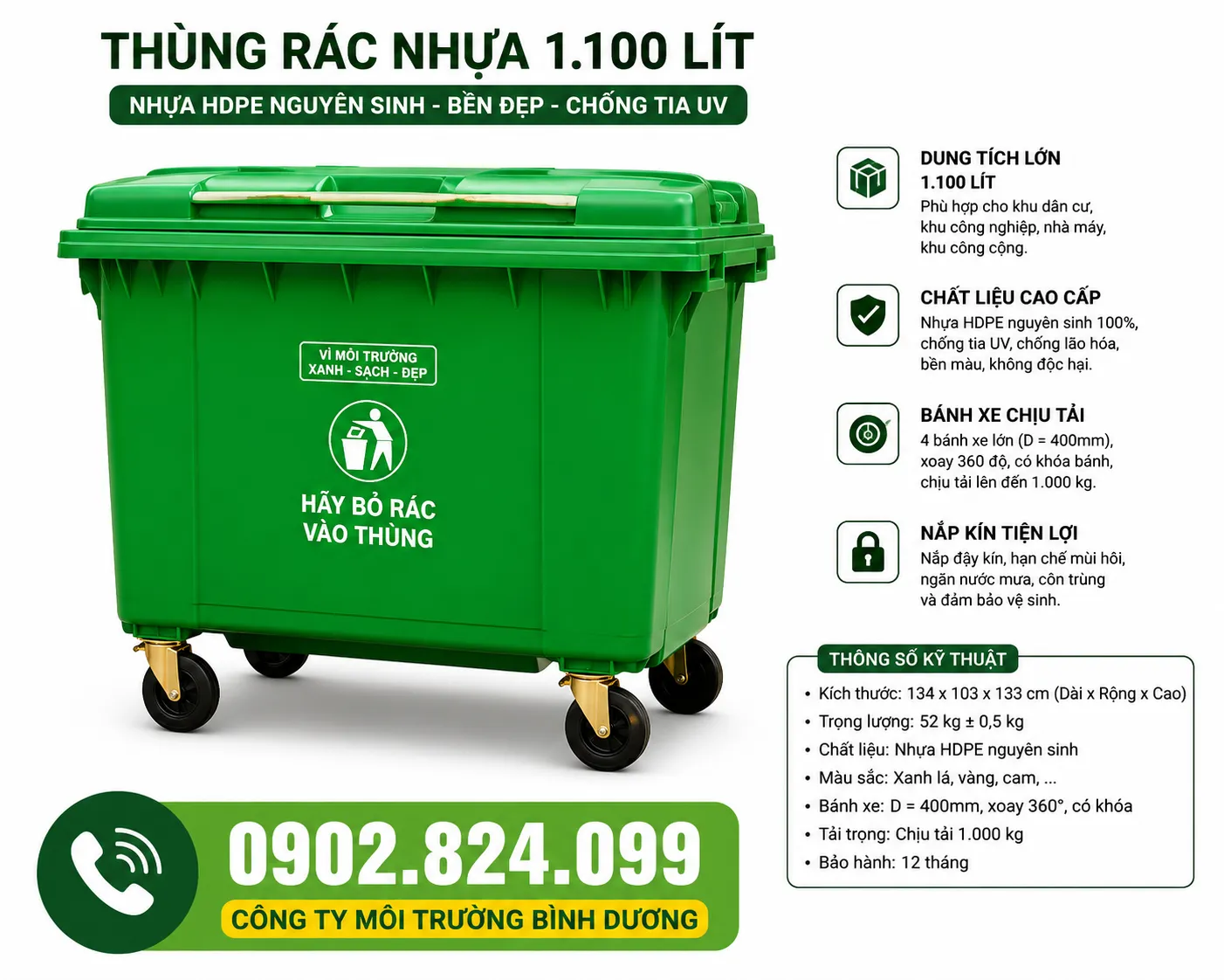 Thùng rác nhựa 1.100 lít