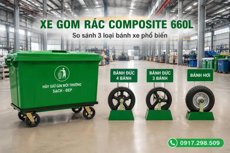 xe đẩy rác 660 lít - có các loại bánh xe