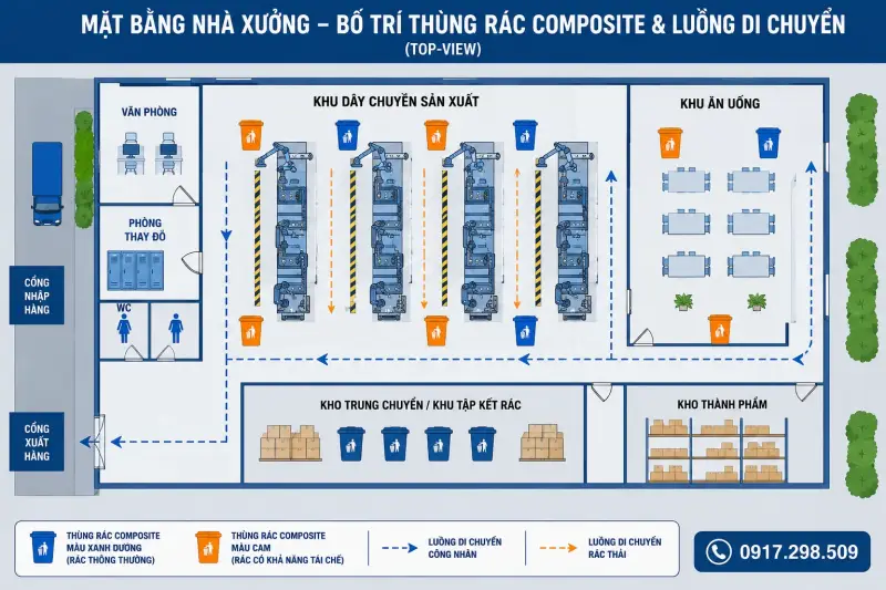 bố trí thùng rác trong nhà xưởng
