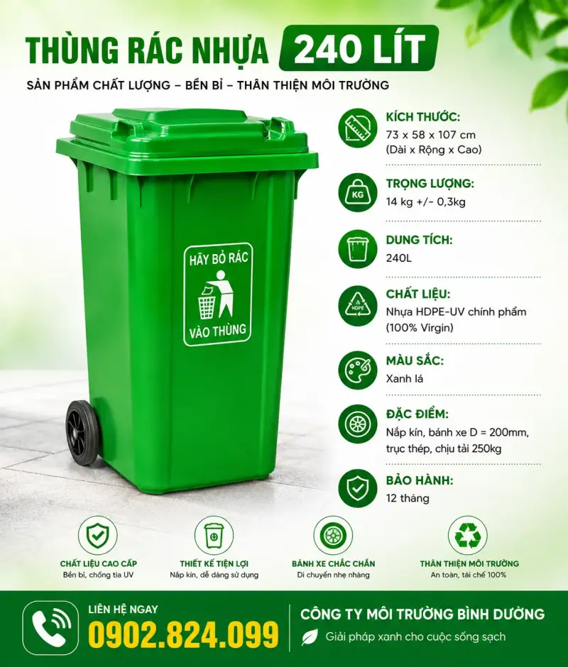 Thùng rác nhựa 240 lít tiêu chuẩn 11kg màu xanh lá