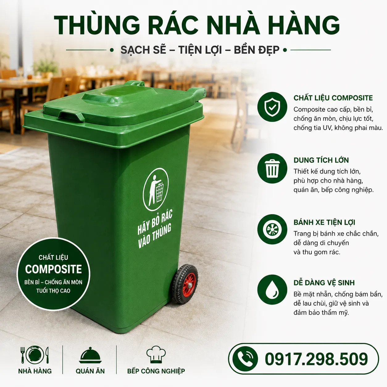 Thùng rác 120 lit composite lắp cho nhà hàng 
