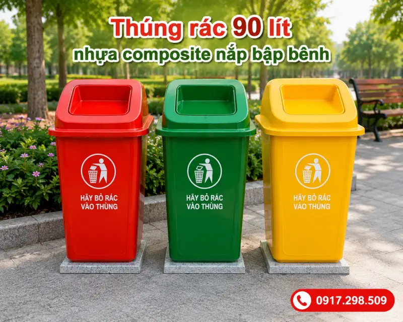 thùng rác 90 lít composite nắp bập bênh