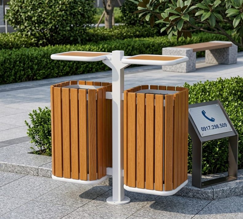 thùng rác gỗ 2 ngăn có mái che