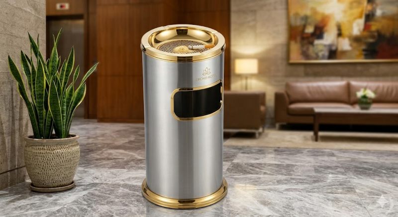 thùng rác inox có gạt tàn mạ vàng