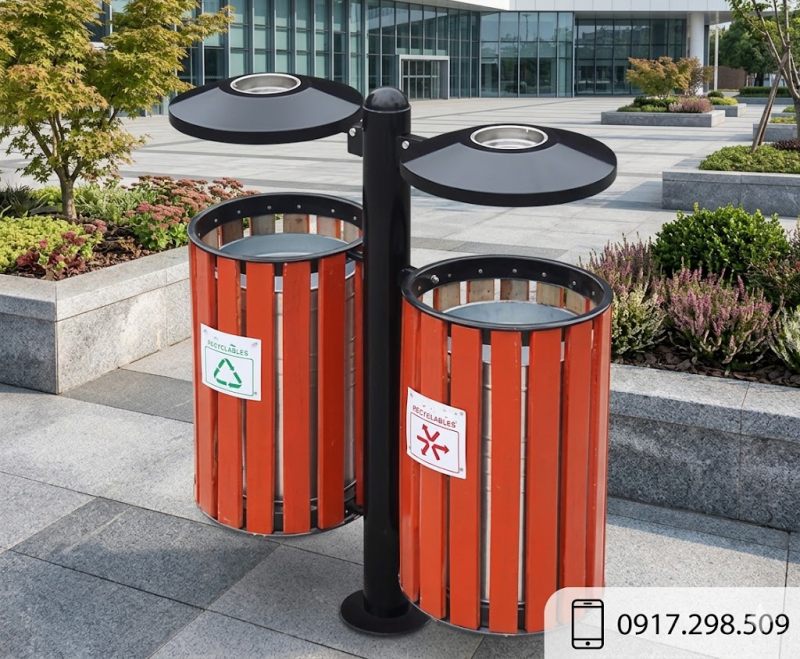 thùng rác gỗ treo đôi ngoài trời