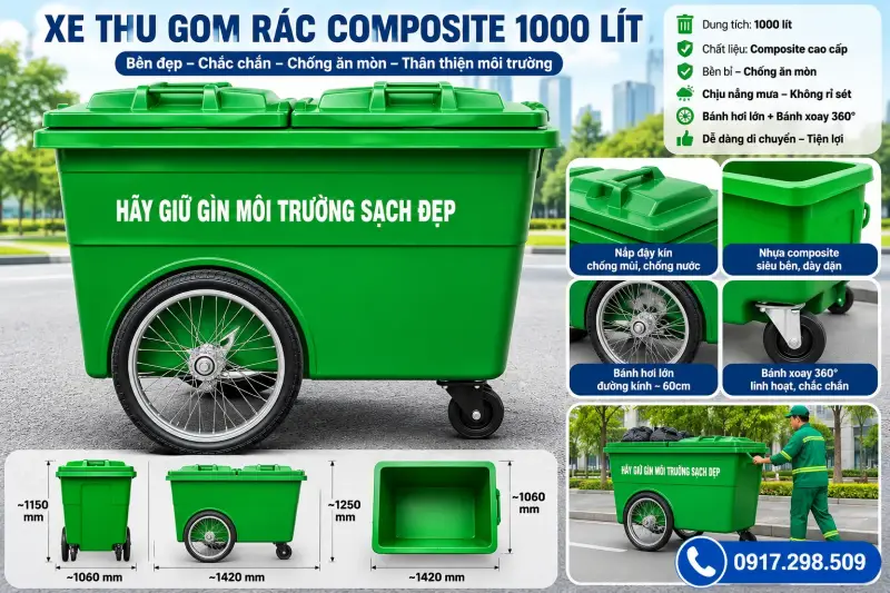 Giá Thùng Rác Composite 1000L & Xe Gom Rác 1000L Mới Nhất 2026 | Môi Trường Bình Dương