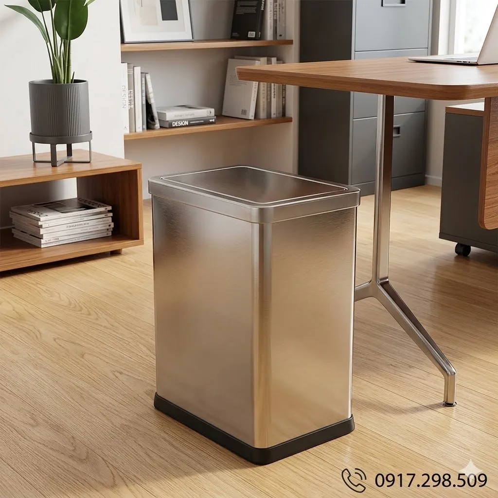 Thùng Rác Inox Nắp Lật Vuông Cao Cấp Văn Phòng, Khách Sạn