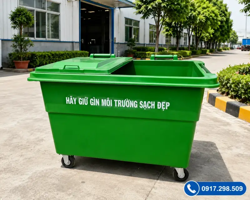 Xe Gom Rác Composite 1000L 2 Ngăn 4 Bánh – Phân Loại Rác Tại Nguồn | Môi Trường Bình Dương