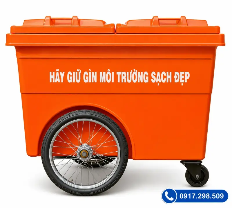 Xe Gom Rác Composite 1000L 2 Ngăn 4 Bánh – Phân Loại Rác Tại Nguồn | Môi Trường Bình Dương