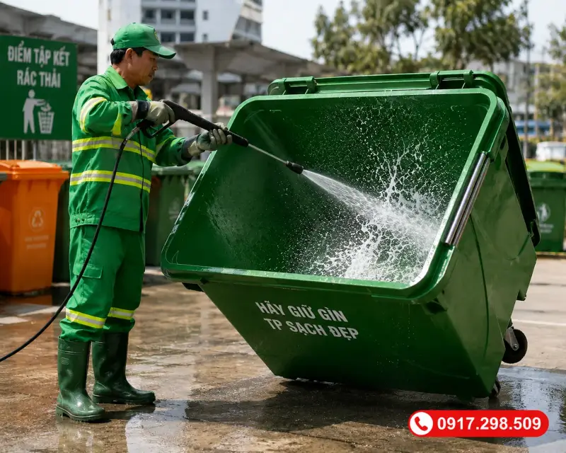 Cách Khử Mùi Thùng Rác & Bãi Tập Kết: Quy Trình Vệ Sinh Thùng 660L Chuẩn Mùa Nắng Gắt