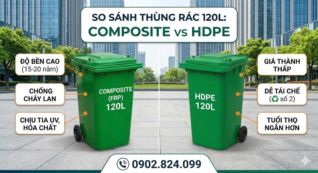 Thùng Rác Composite vs HDPE 120L: So Sánh 8 Tiêu Chí & Đánh Giá Chi Tiết
