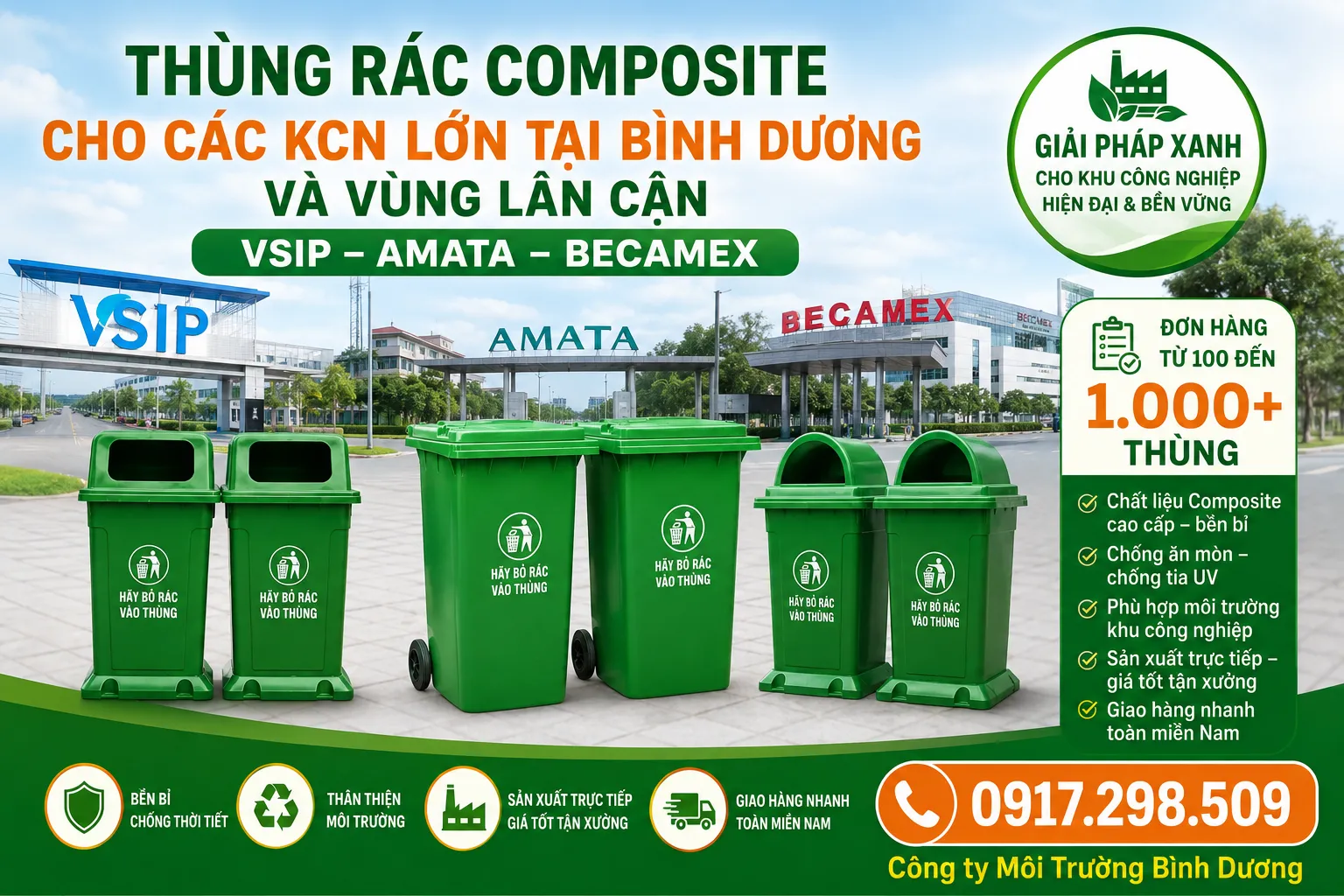 Thùng Rác KCN Bình Dương 120L, 240L, 660L | Môi Trường Bình Dương