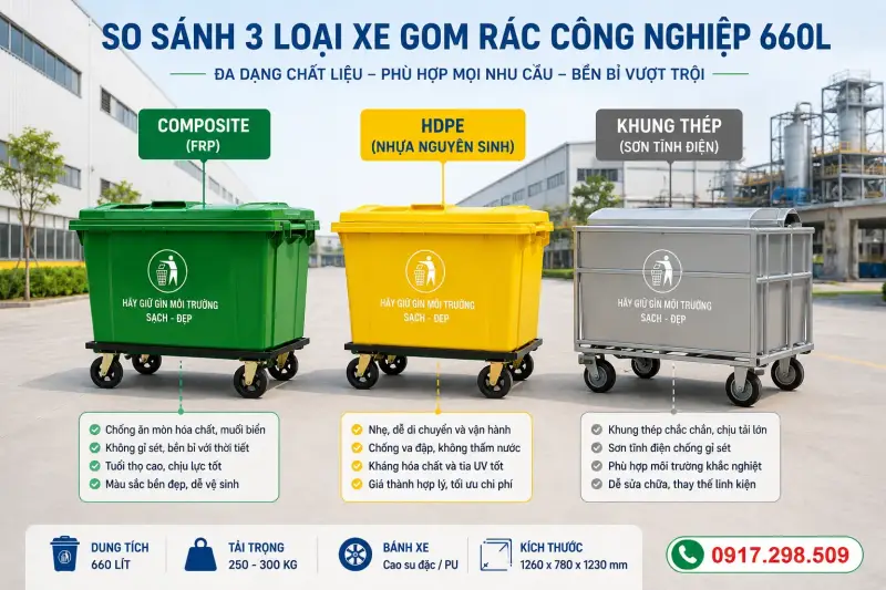 Xe Gom Rác 660L: Composite vs HDPE vs Thép – Loại Nào Chịu Tải Tốt Nhất?